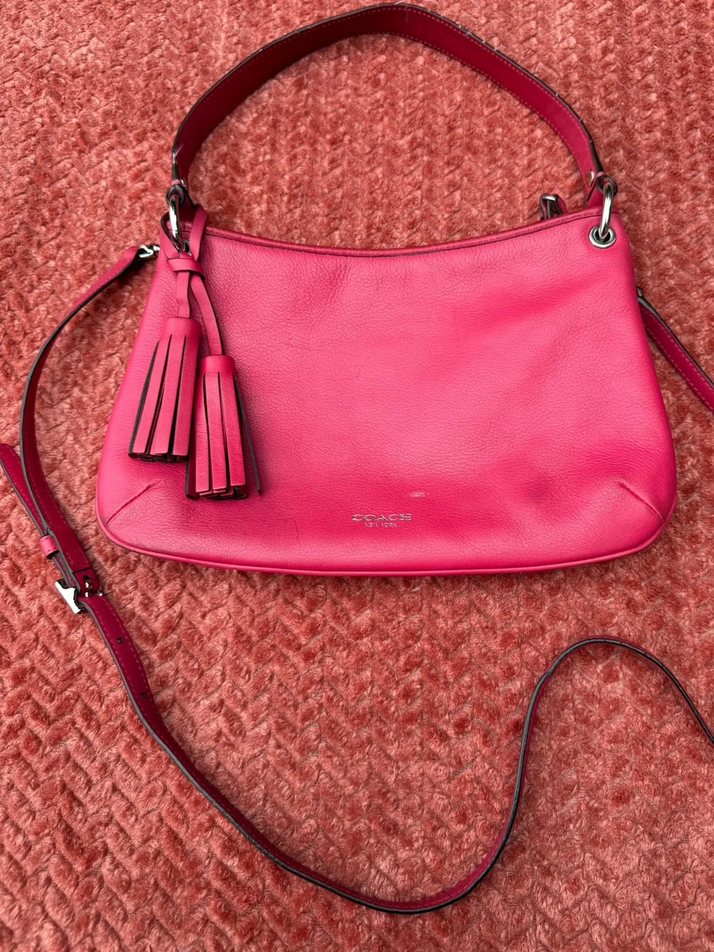 Coach small Pink Leather Shoulder Bag/crossbody with Tassels 11”x7” see pictures